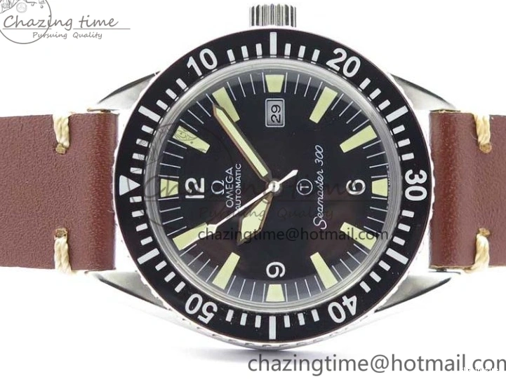 0408 Vintage Seamaster 300 Date T SS B12 Black Dial On Brown Leather Strap A2836 (Free Nylon Strap) WeatherProof 7911